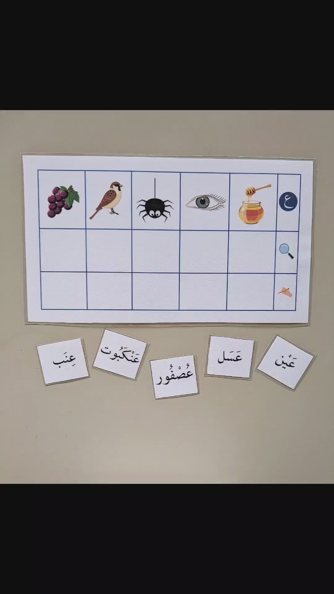 Read, match and write Arabic words. 5 images and 5 Arabic words
